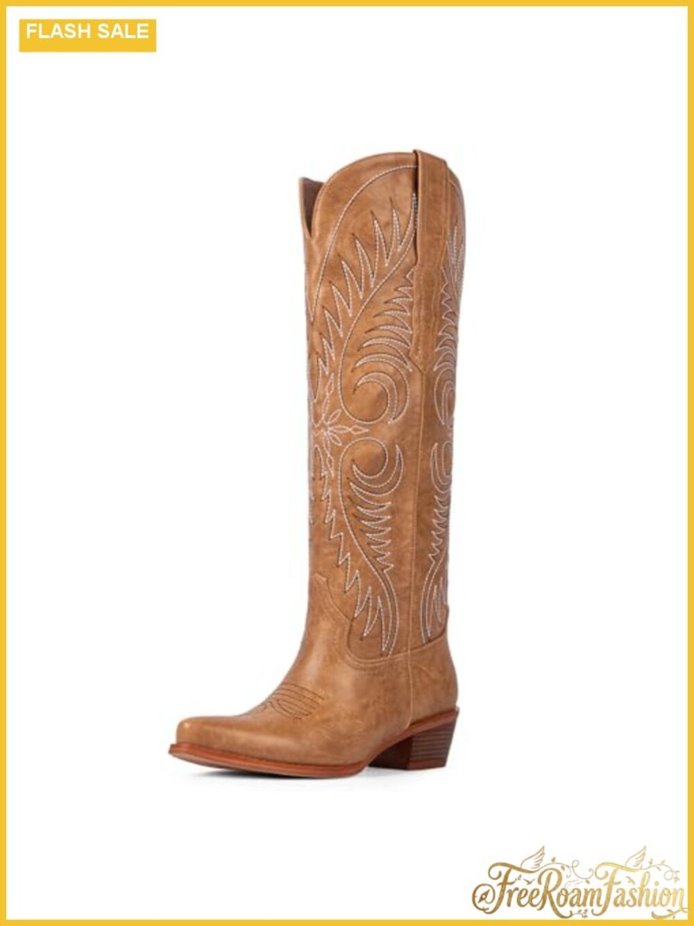 Faux Leather Knee High Western Cowgirl Boots Block Heel Embroidered